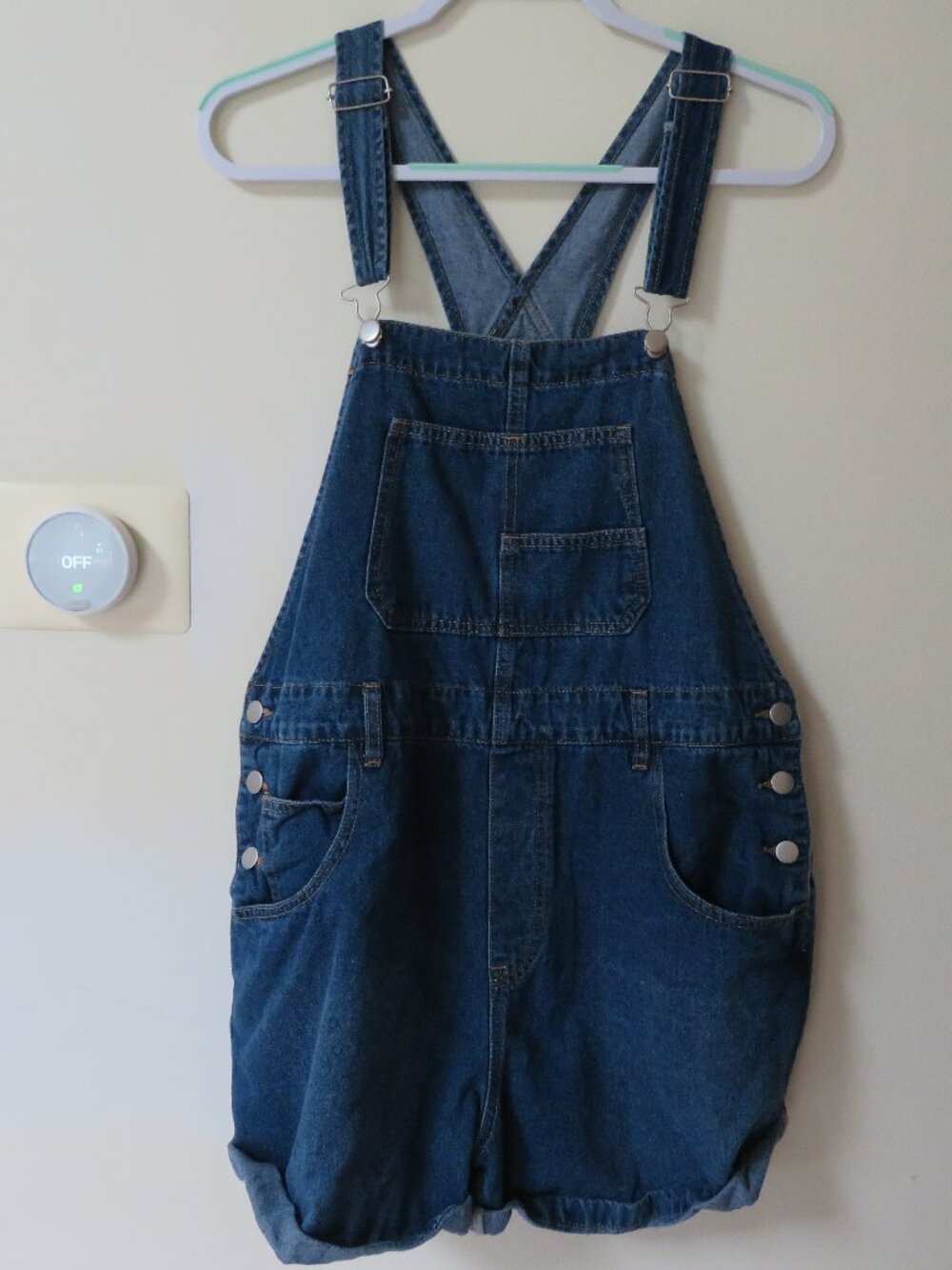 Darkwash Denim Overalls Shorts Jumper size Large Silver Hardware